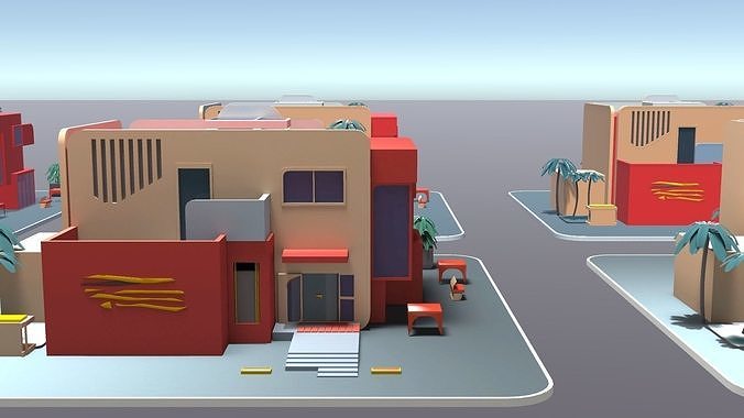 Mordern Cartoon Buliding with backed shadow Low-poly 3D model 3