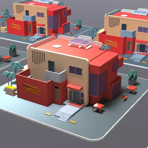 Mordern Cartoon Buliding with backed shadow Low-poly 3D model_0