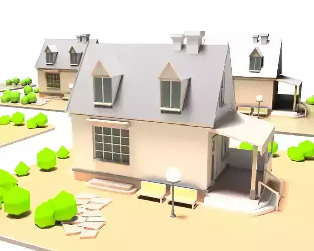 Countryside Cartoon Building with Backed Shadow Low-poly 3D model