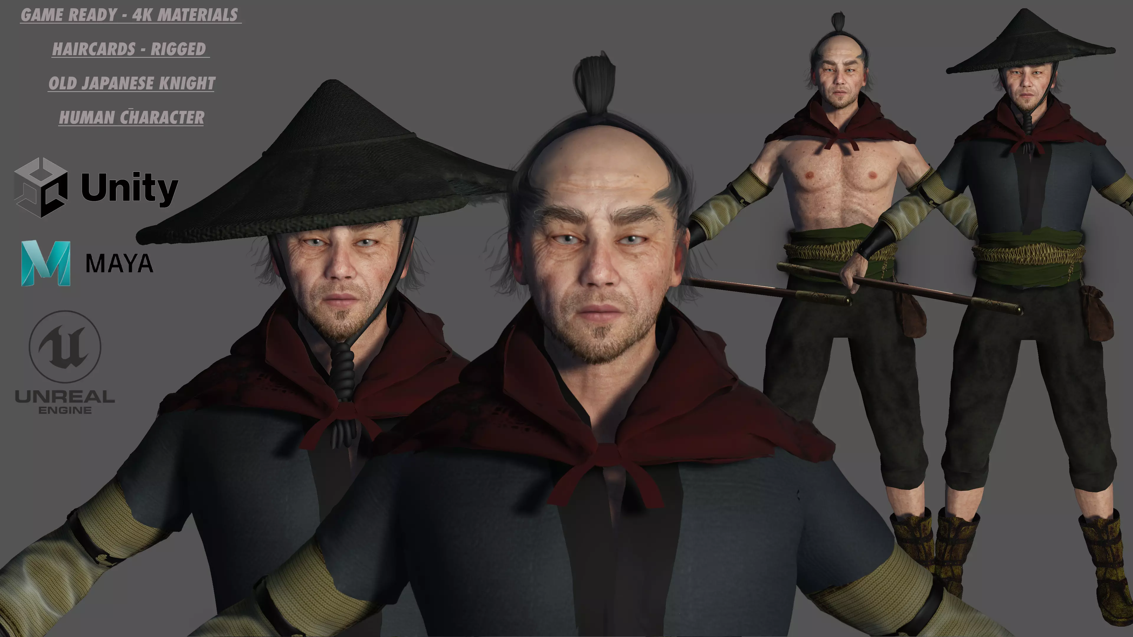 3D REALISTIC MALE CHARACTER - OLD JAPANESE KNIGHT 01 - Asian Low-poly 3D model_0