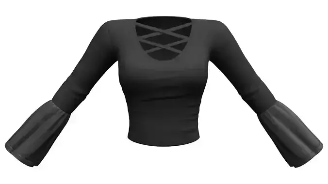 Crisscross Straps Chest Bell Edge Long Sleeves Black Female Top