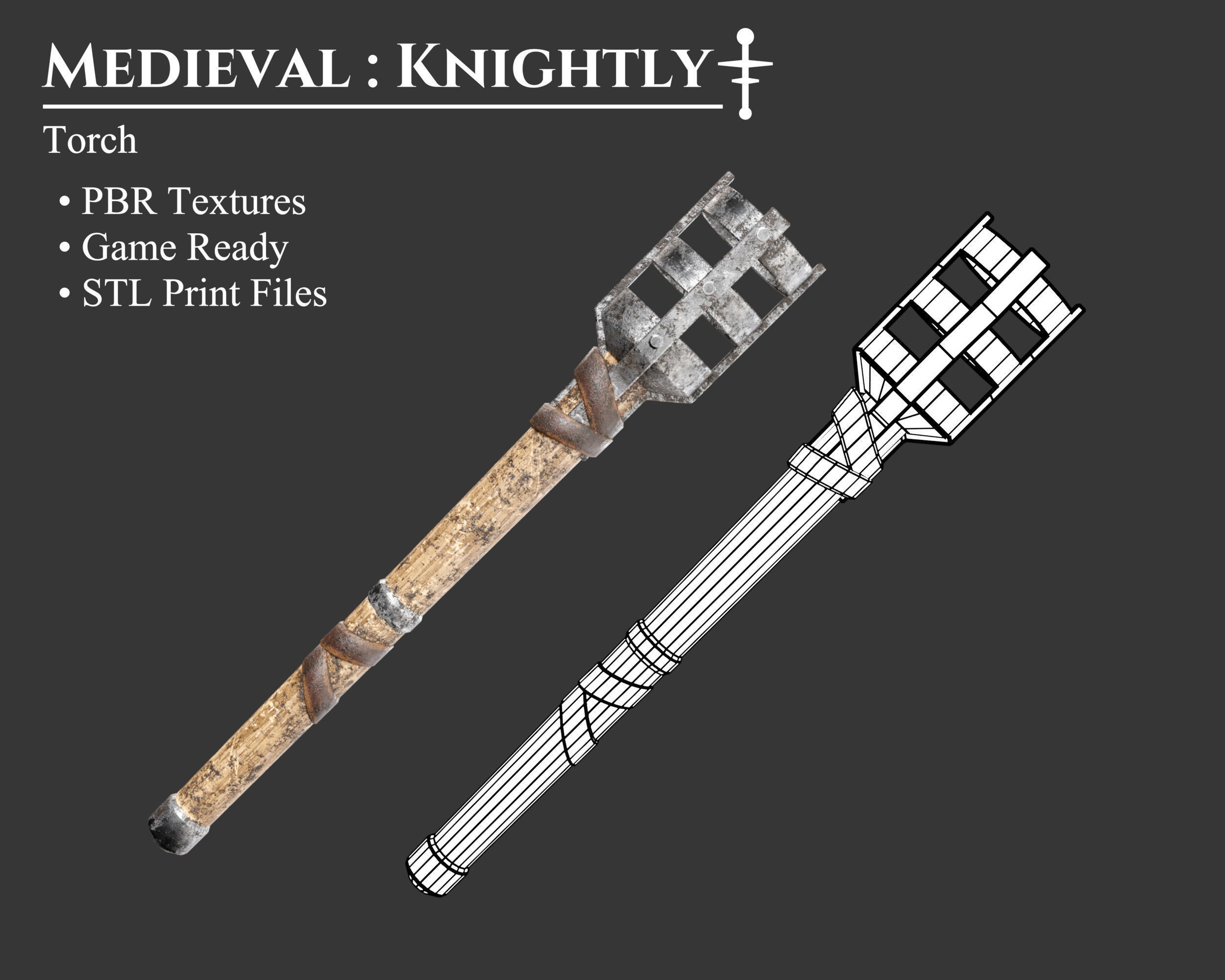 Medieval Knightly Lighting Torch Low-poly 3D model_1