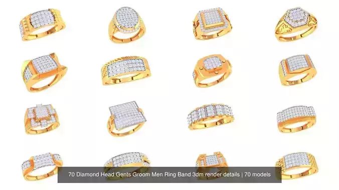 70 Diamond Head Gents Groom Men Ring Band 3dm render details 3D Model Collection
