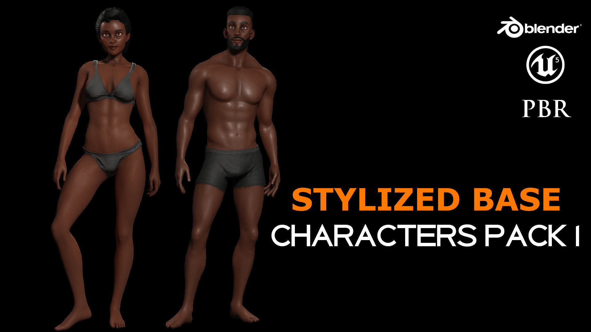Stylized Male Female Base Character Pack 1-Game Ready Low-poly 3D model_1