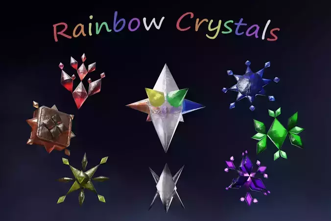 Rainbow  Crystals Fantasy Gameasset Low-poly 3D model