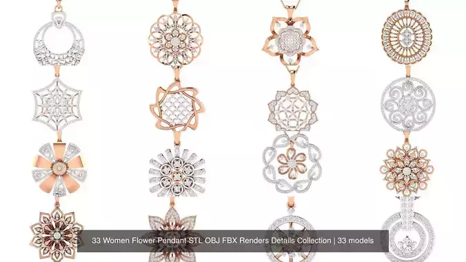 33 Women Flower Pendant STL OBJ FBX Renders Details Collection
