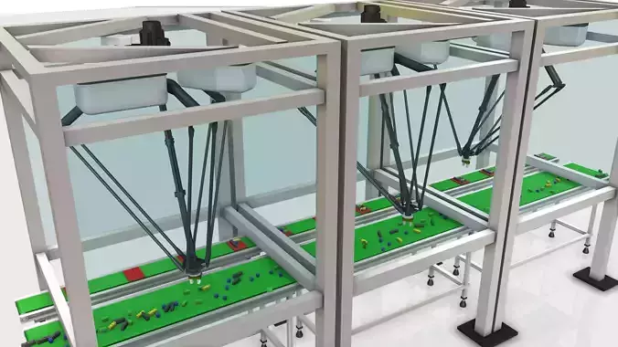 3 Delta Robot  - Station  Assembly Process Line  Low-poly 3D model