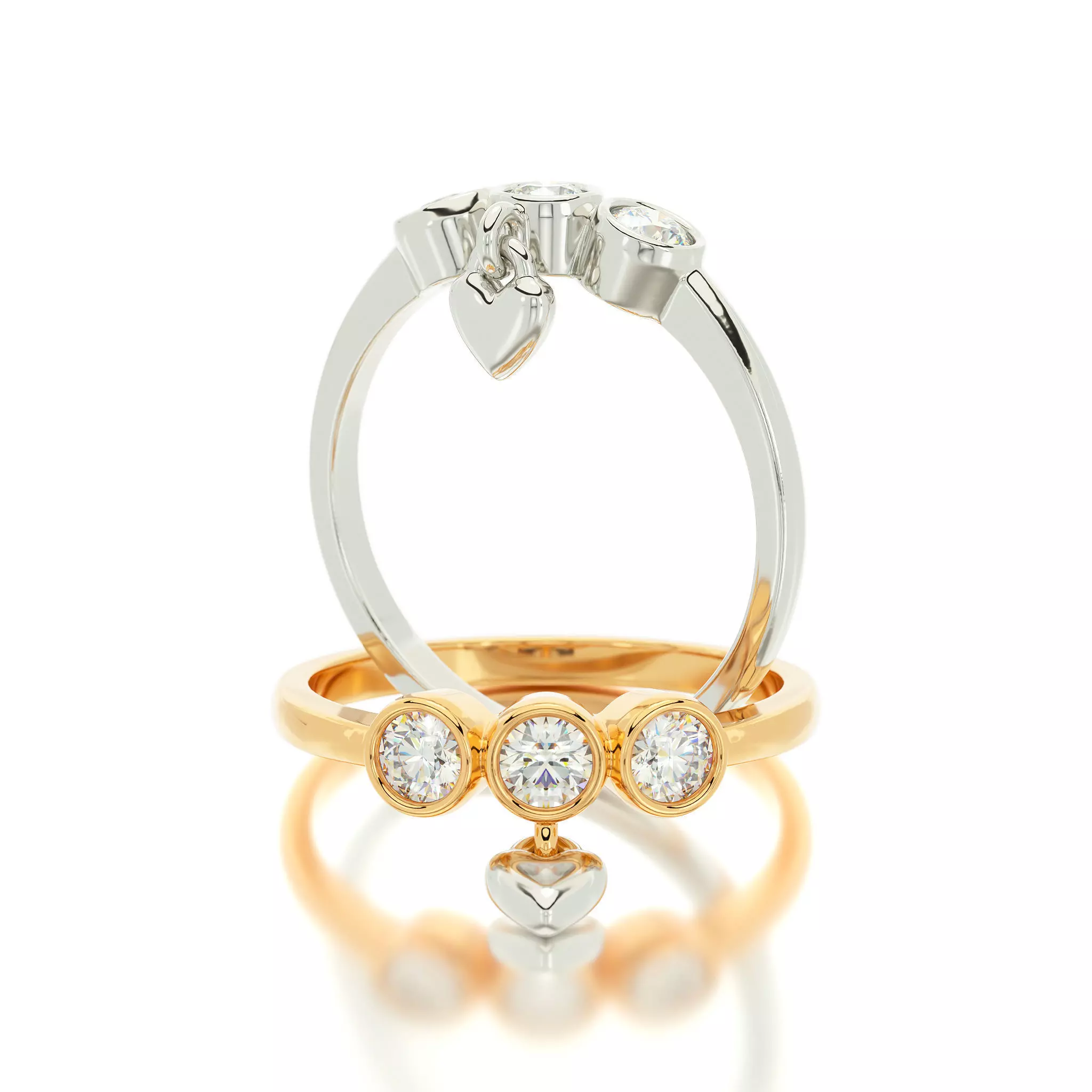 triple diamond bezel set ring with heart 3D print model_0