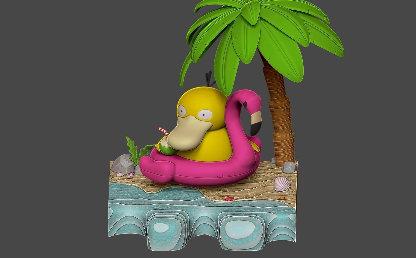 Pokemon psyduck beach style diorama with cuts 3D print model_1