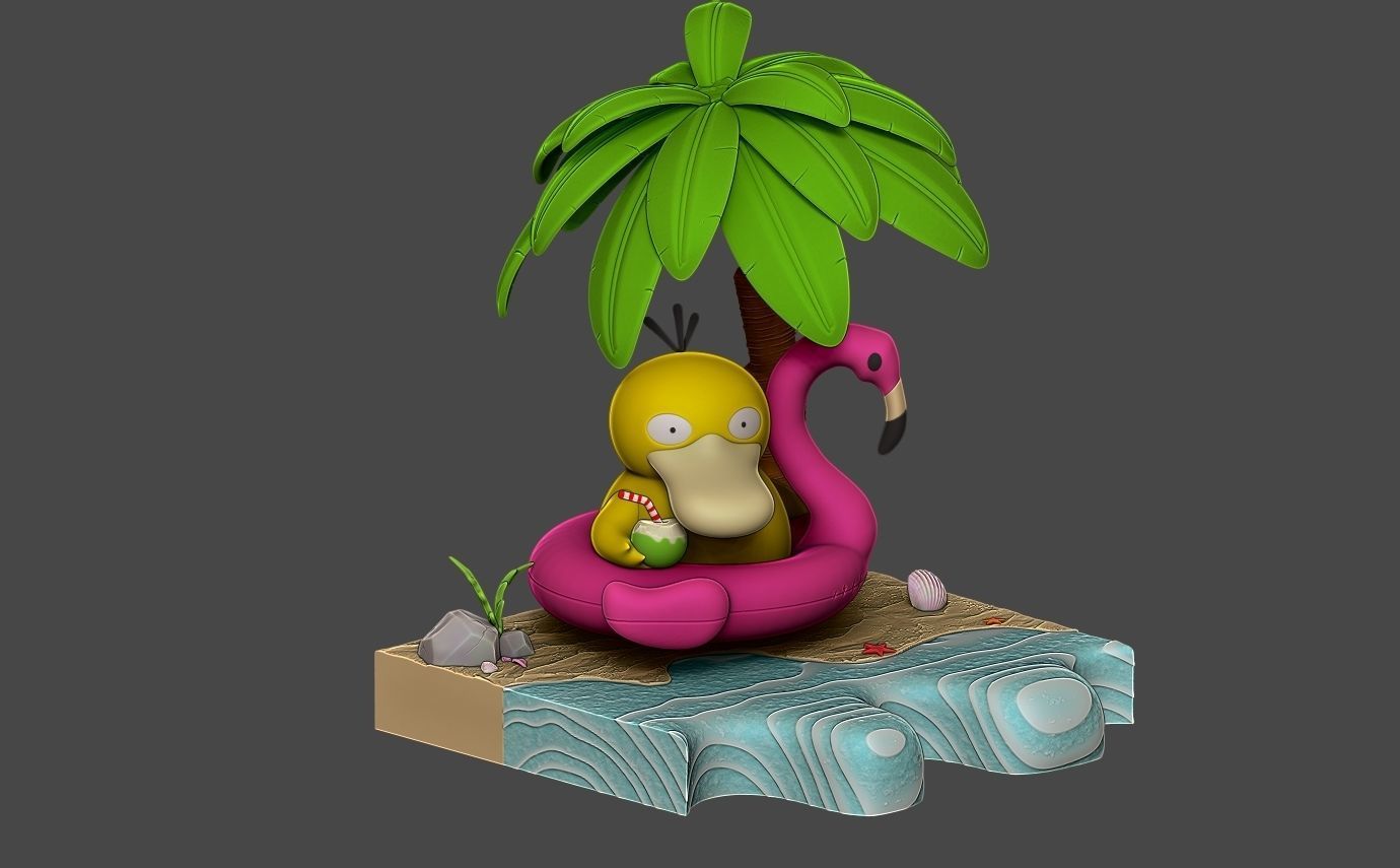 Pokemon psyduck beach style diorama with cuts 3D print model_5