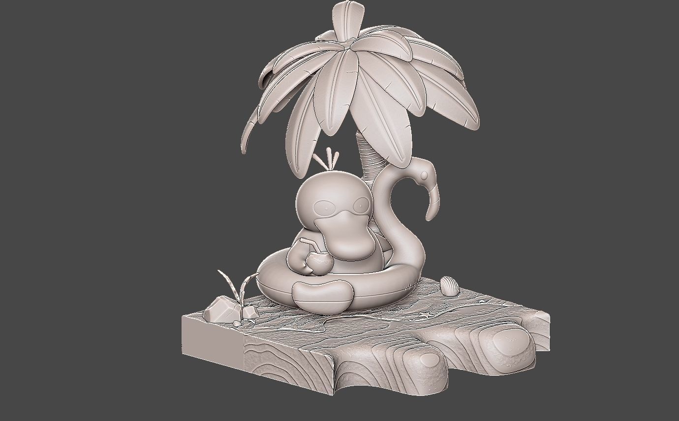Pokemon psyduck beach style diorama with cuts 3D print model_6