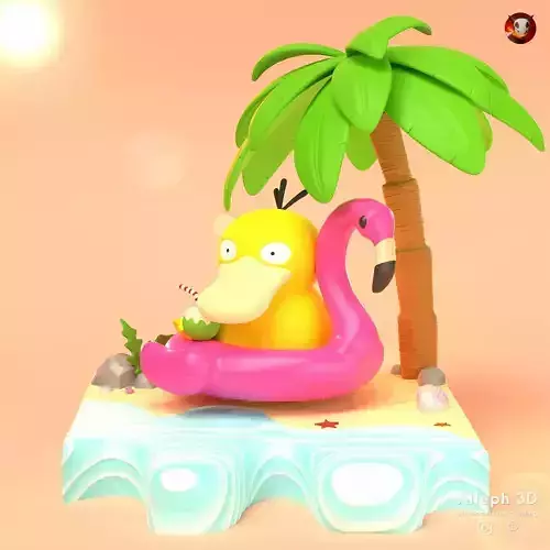 Pokemon psyduck beach style diorama with cuts