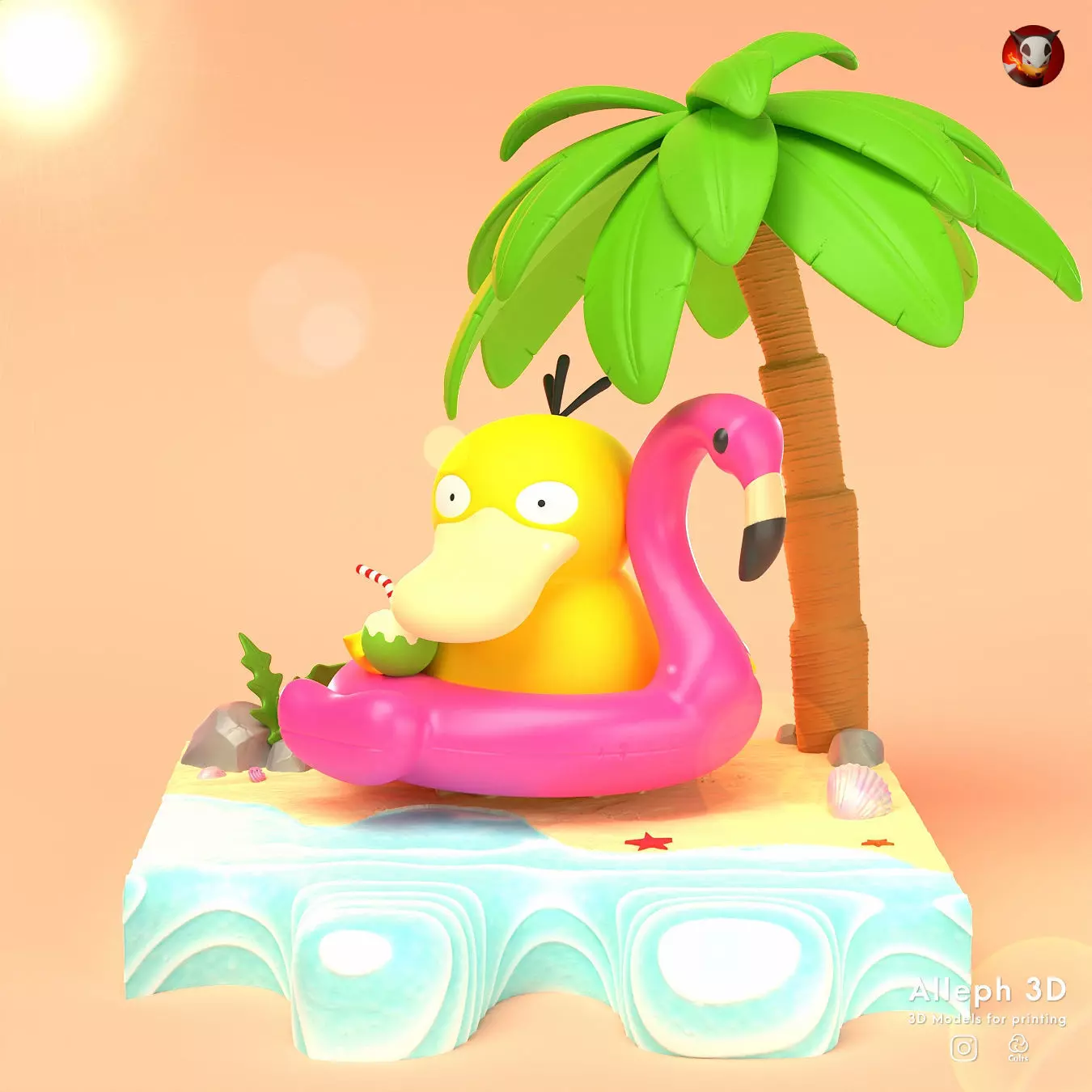 Pokemon psyduck beach style diorama with cuts 3D print model_0