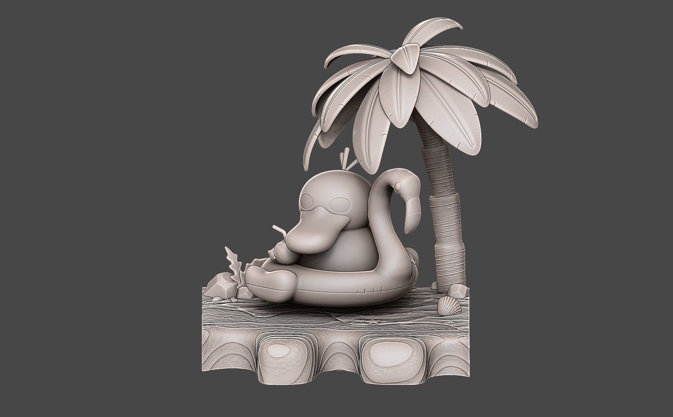 Pokemon psyduck beach style diorama with cuts 3D print model_2