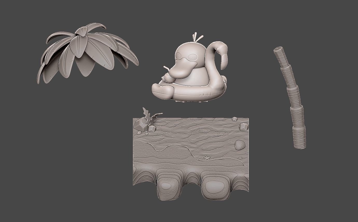 Pokemon psyduck beach style diorama with cuts 3D print model_4