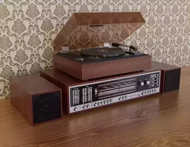 Vintage turntable with tuner and speakers