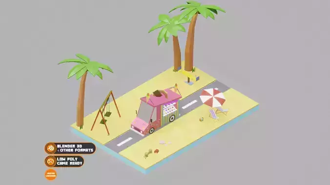 Ice-Cream Truck Low Poly Diorama 001