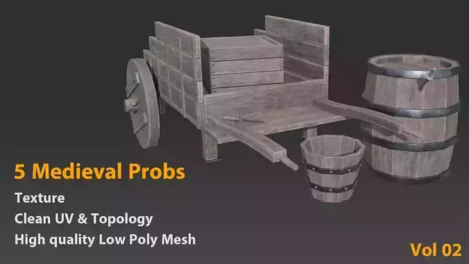 5 Medieval Probs with Texture-Wagon-Box-Bucket-Vol 02 Game Ready
