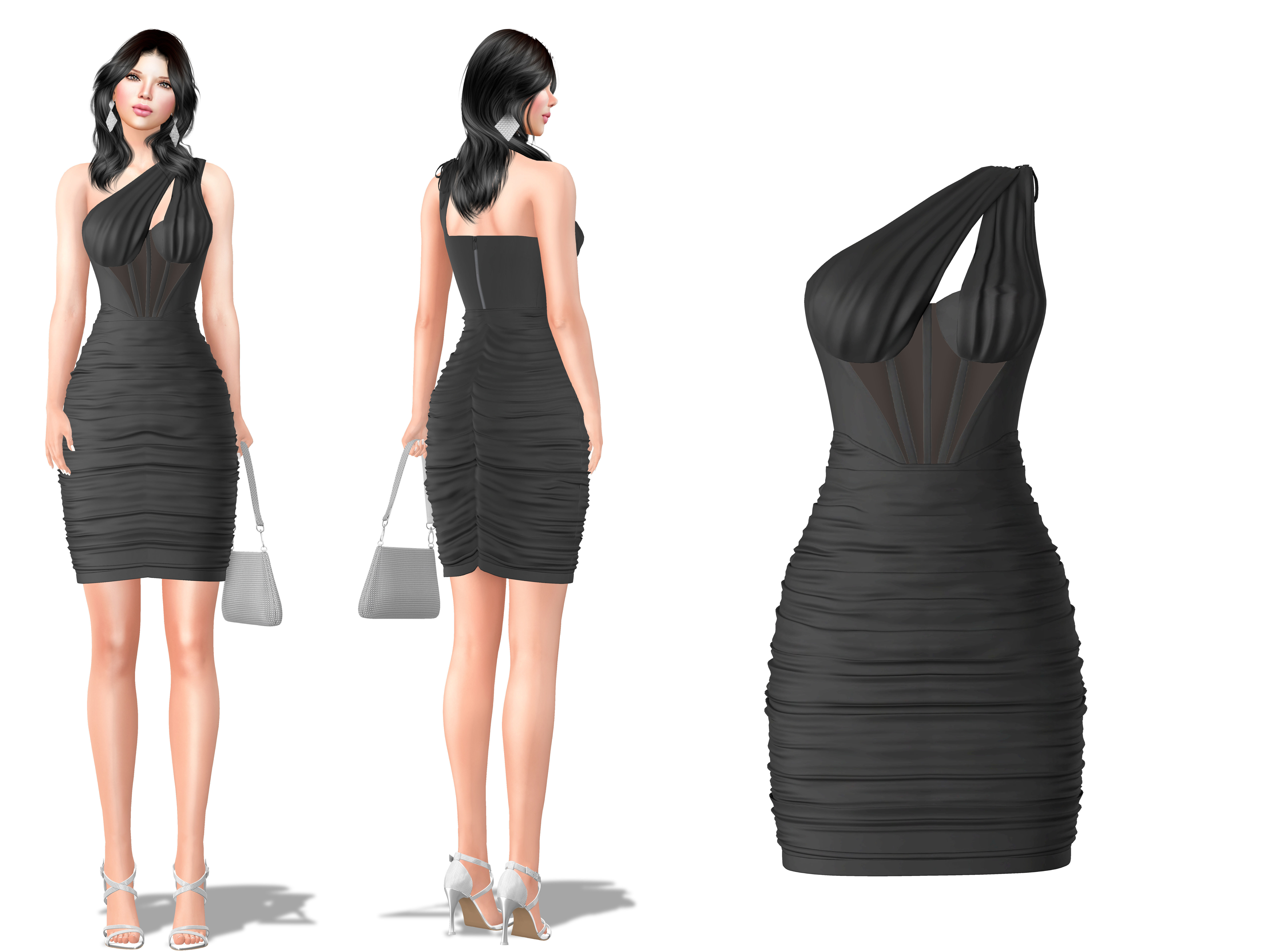 One Shoulder Seam Front Ruched Mesh Overlay Dress Low-poly 3D model_2