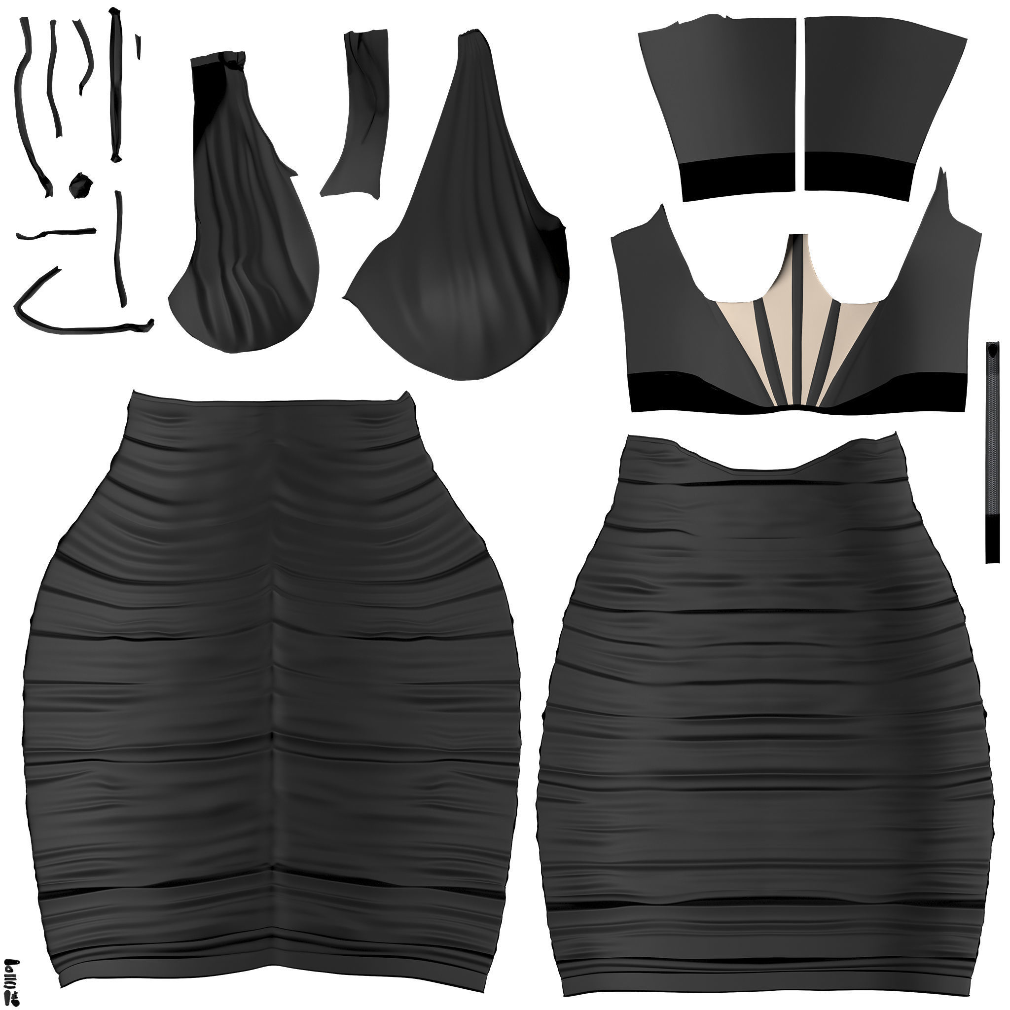 One Shoulder Seam Front Ruched Mesh Overlay Dress Low-poly 3D model_9