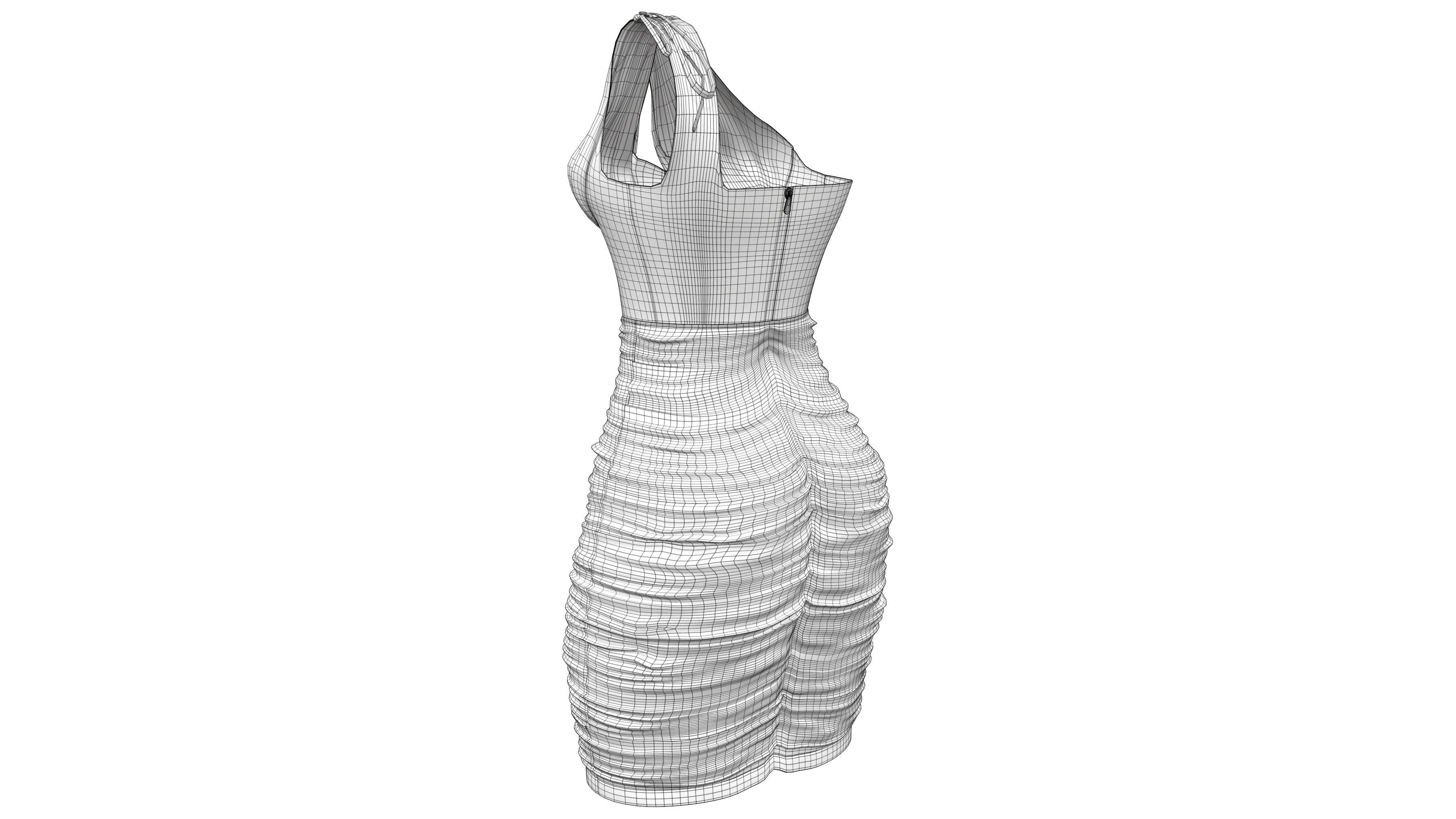 One Shoulder Seam Front Ruched Mesh Overlay Dress Low-poly 3D model_7