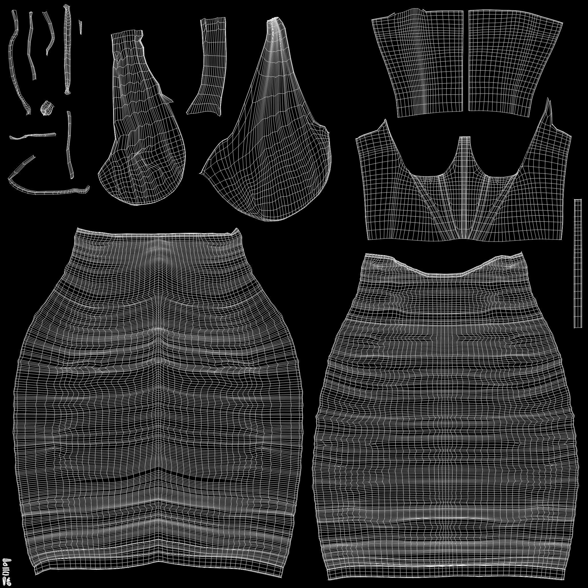 One Shoulder Seam Front Ruched Mesh Overlay Dress Low-poly 3D model_13