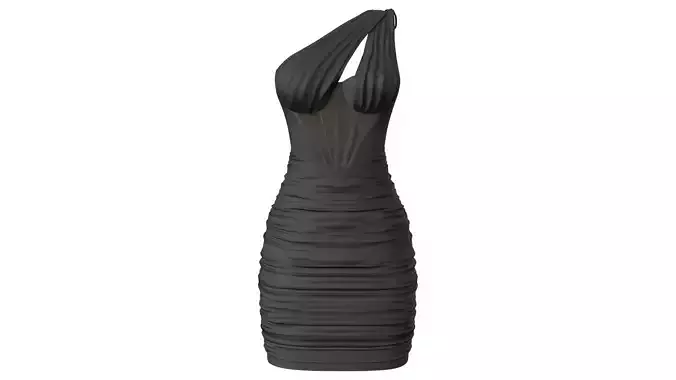 One Shoulder Seam Front Ruched Mesh Overlay Dress Low-poly 3D model