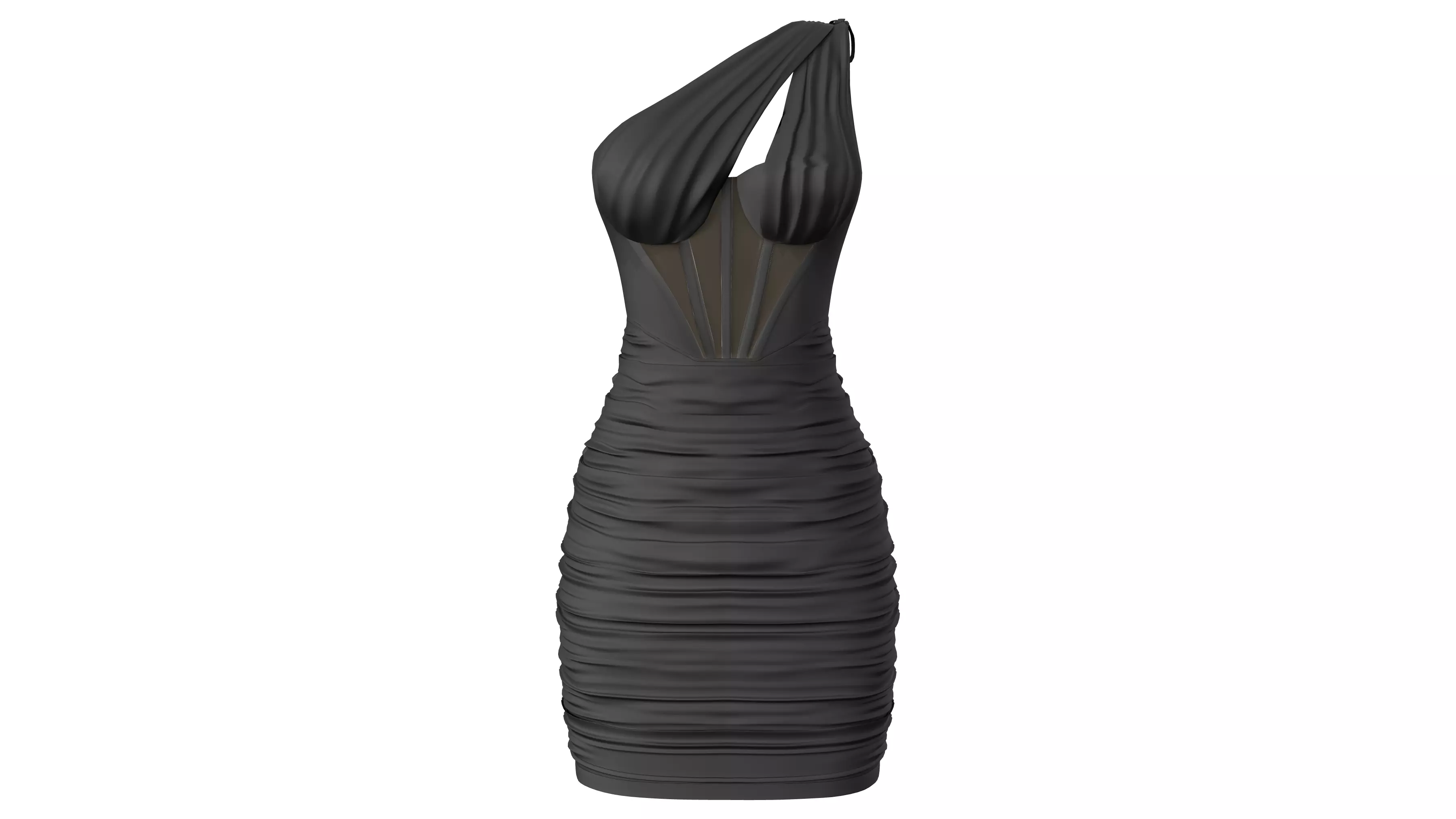 One Shoulder Seam Front Ruched Mesh Overlay Dress Low-poly 3D model_0