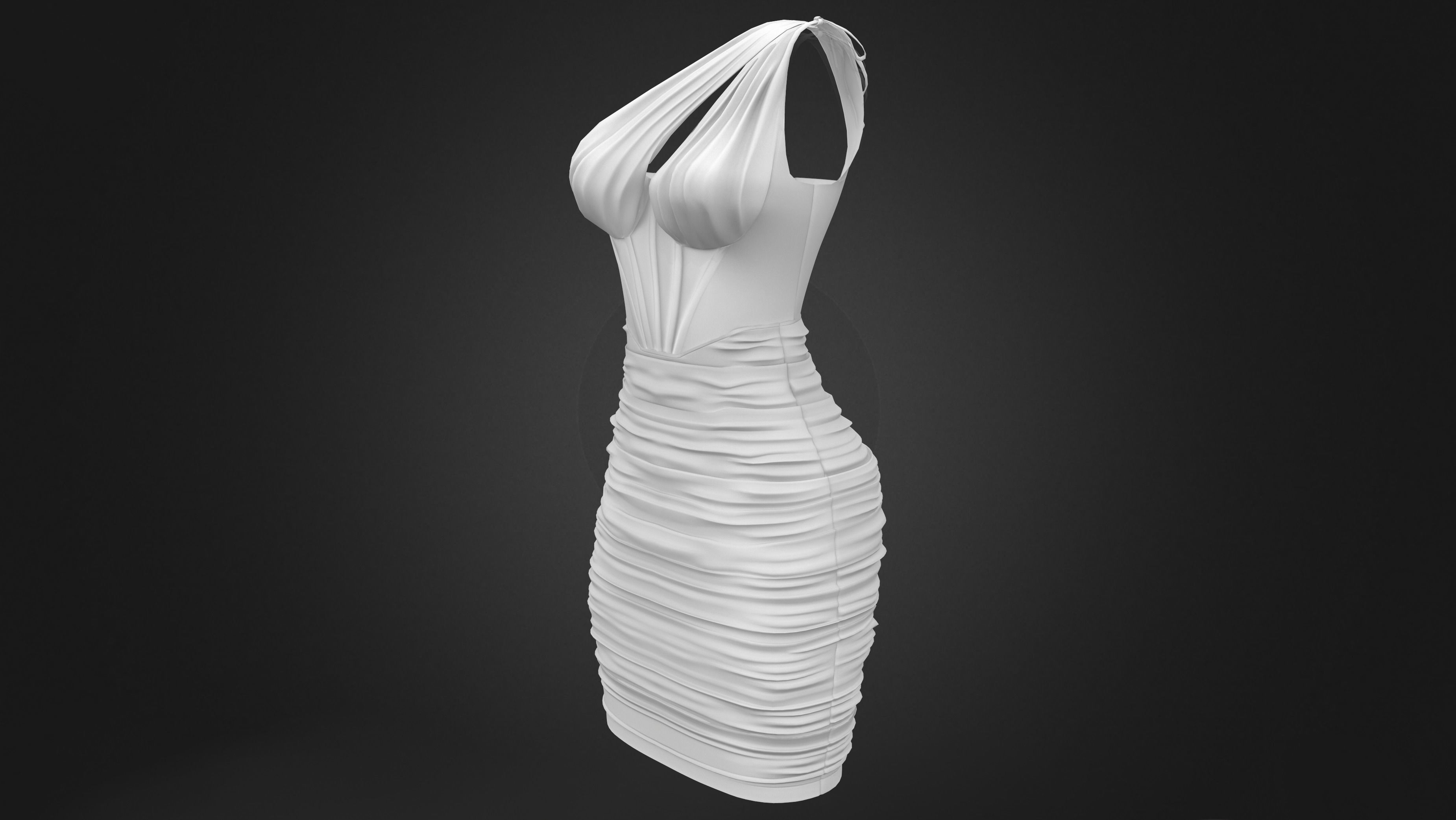 One Shoulder Seam Front Ruched Mesh Overlay Dress Low-poly 3D model_8