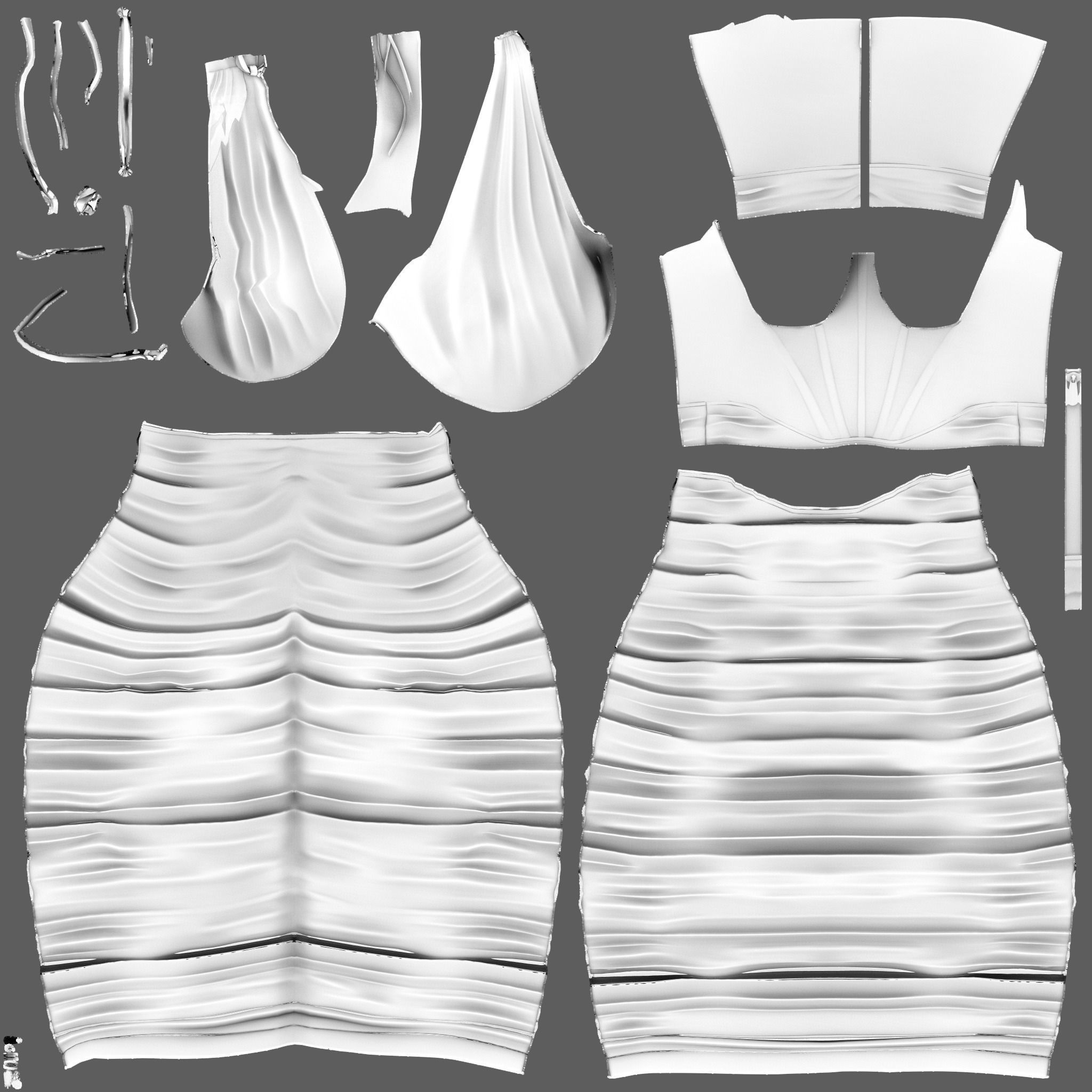 One Shoulder Seam Front Ruched Mesh Overlay Dress Low-poly 3D model_12