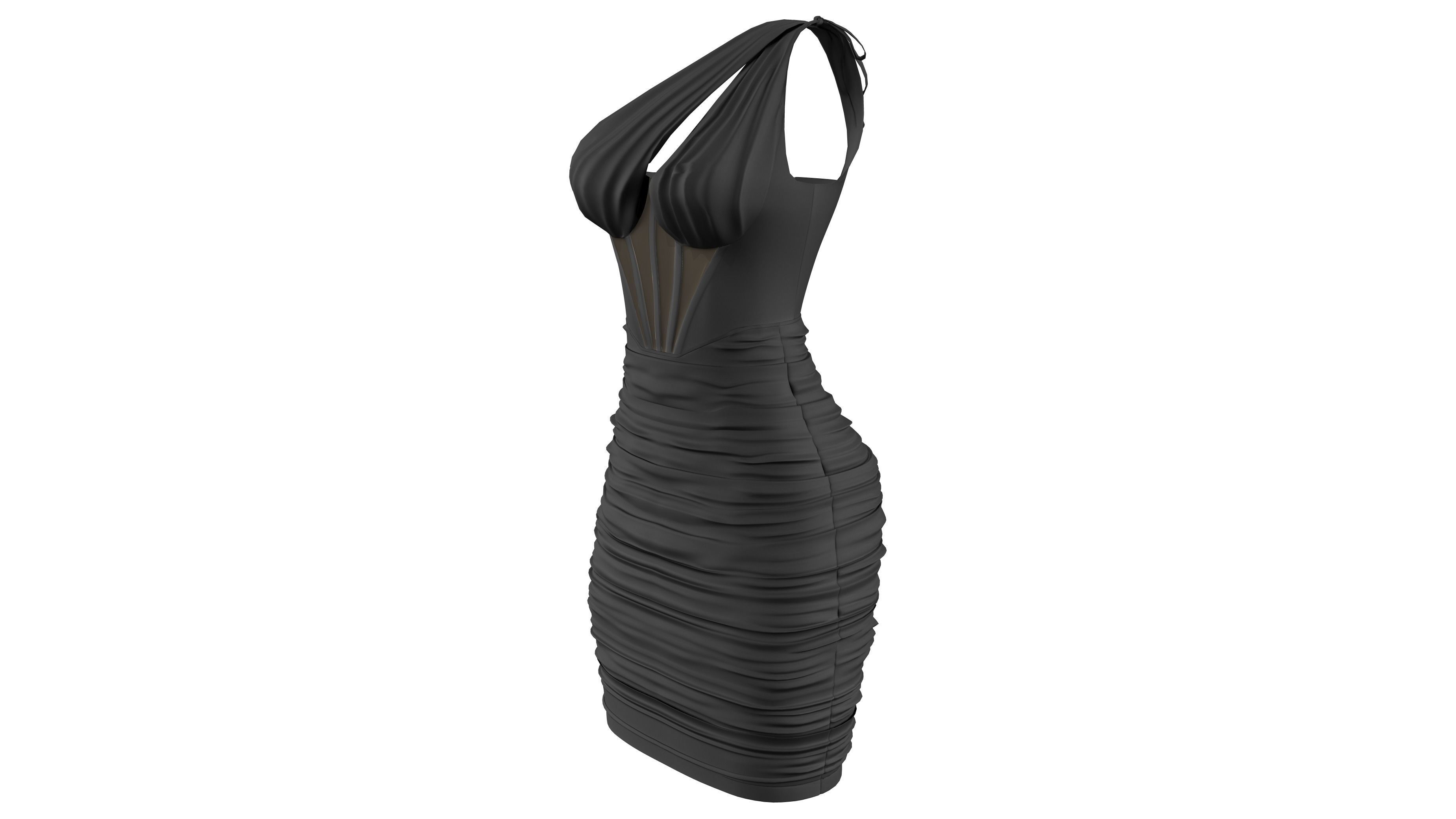 One Shoulder Seam Front Ruched Mesh Overlay Dress Low-poly 3D model_3