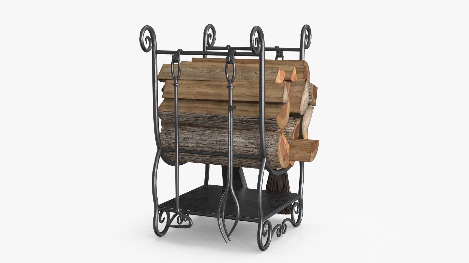 Fireplace Tools with Pile of Wood Low-poly 3D model_4