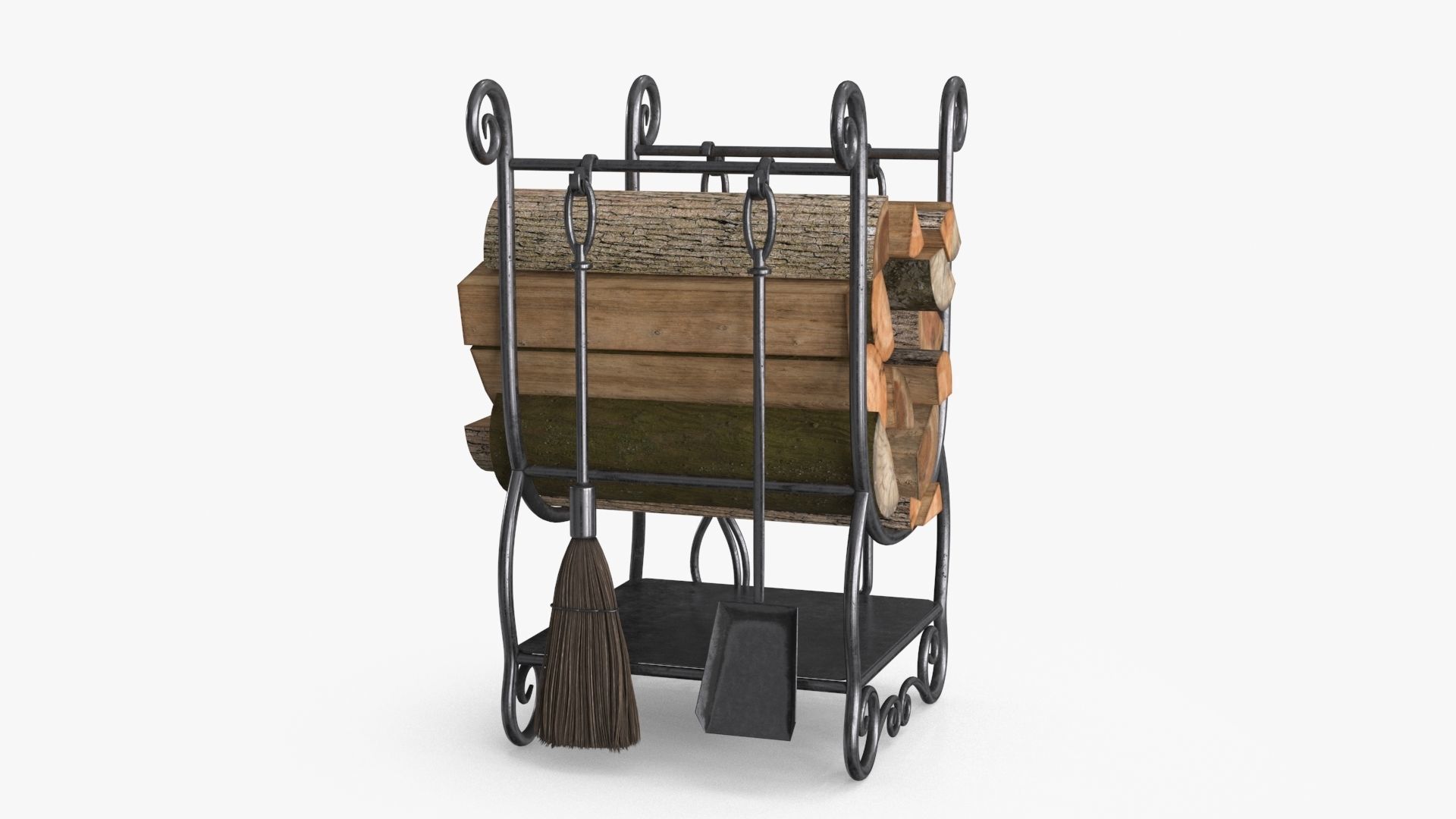 Fireplace Tools with Pile of Wood Low-poly 3D model_10