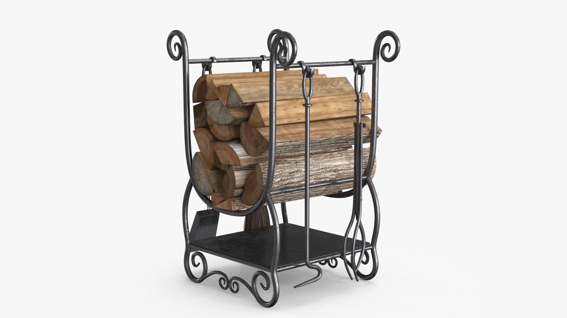 Fireplace Tools with Pile of Wood Low-poly 3D model_6