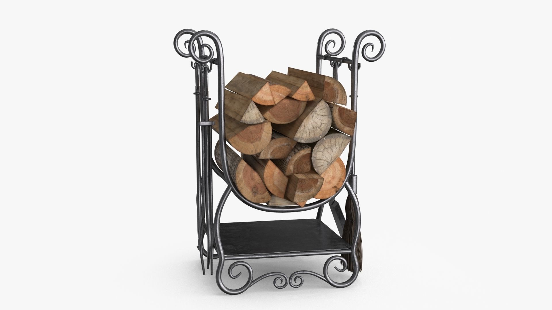 Fireplace Tools with Pile of Wood Low-poly 3D model_2