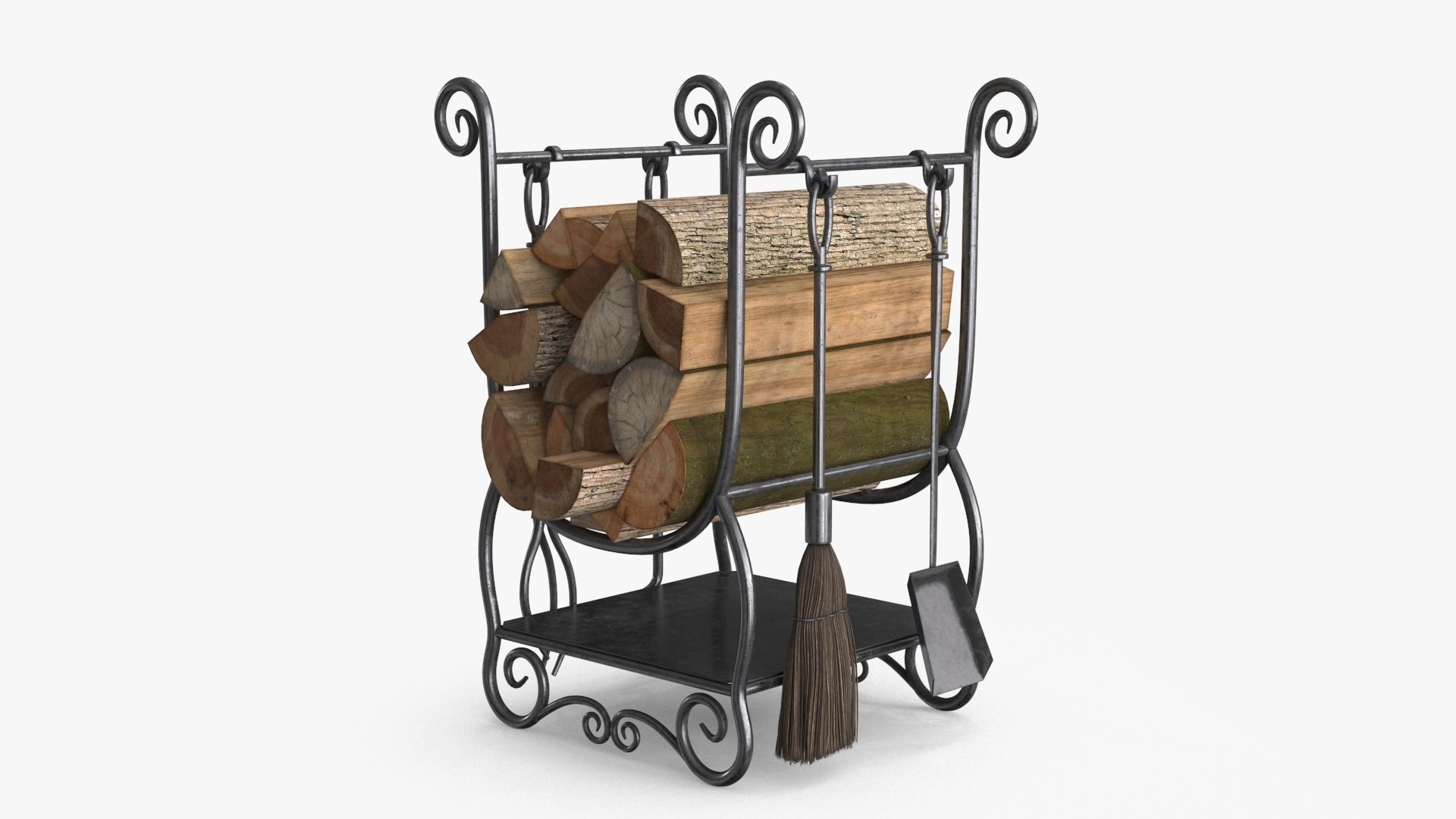 Fireplace Tools with Pile of Wood Low-poly 3D model_12