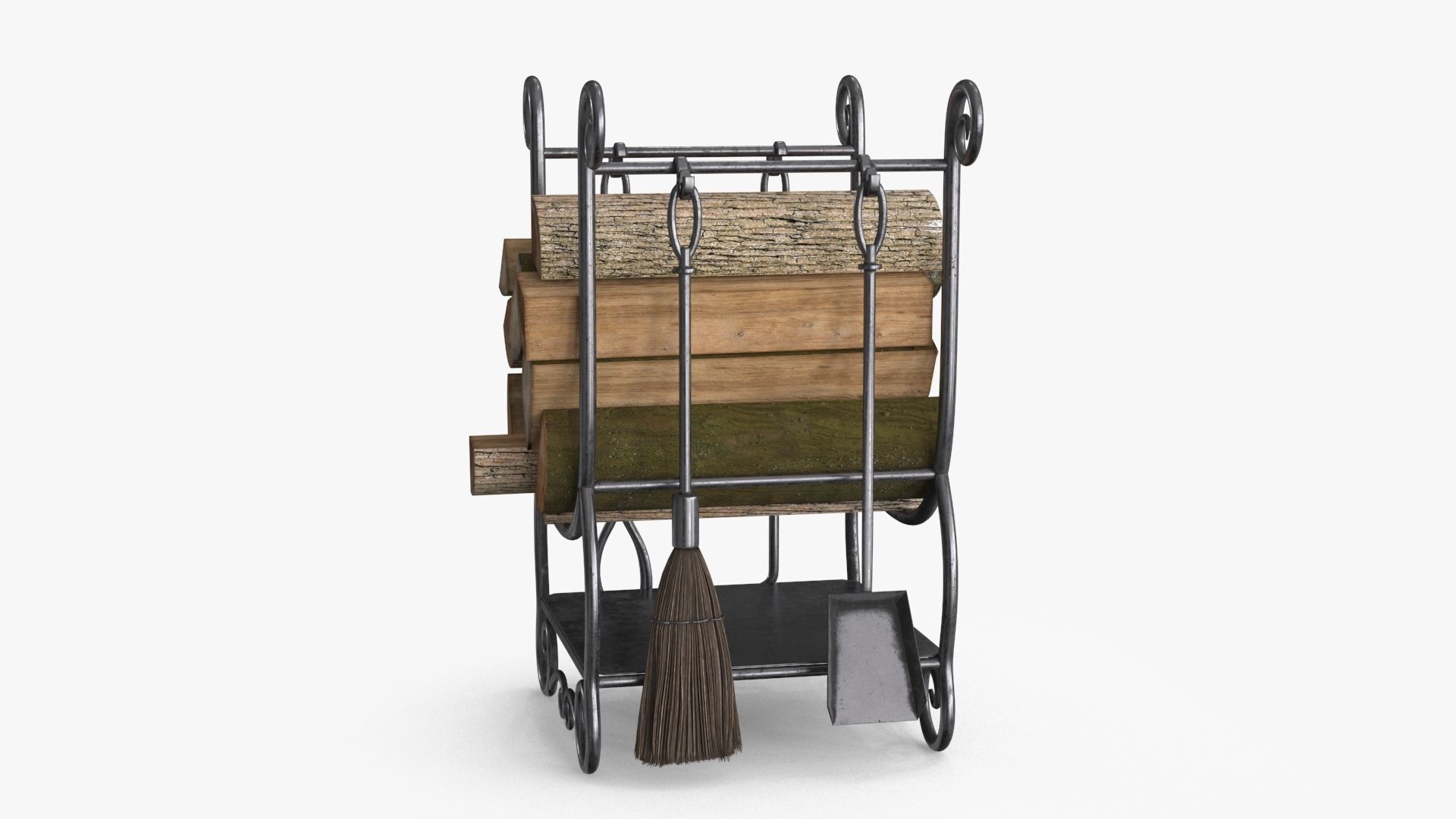 Fireplace Tools with Pile of Wood Low-poly 3D model_11