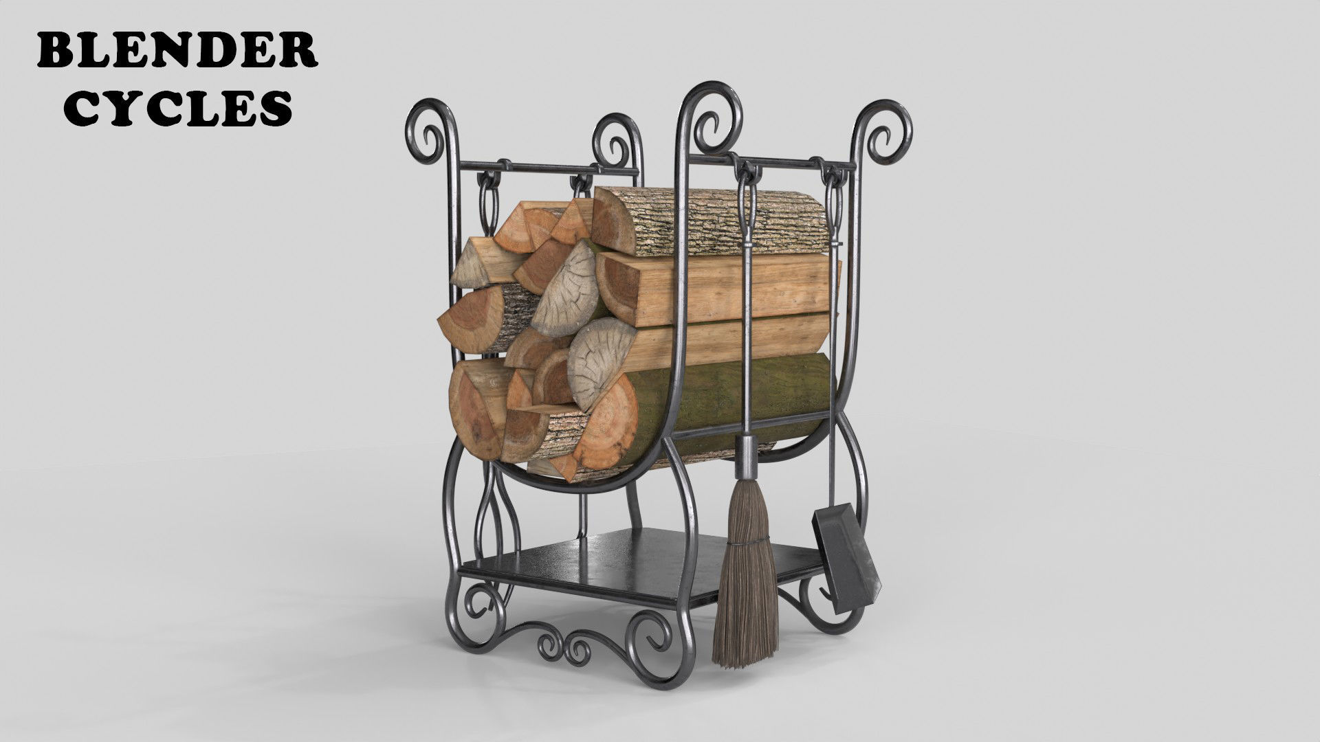 Fireplace Tools with Pile of Wood Low-poly 3D model_20