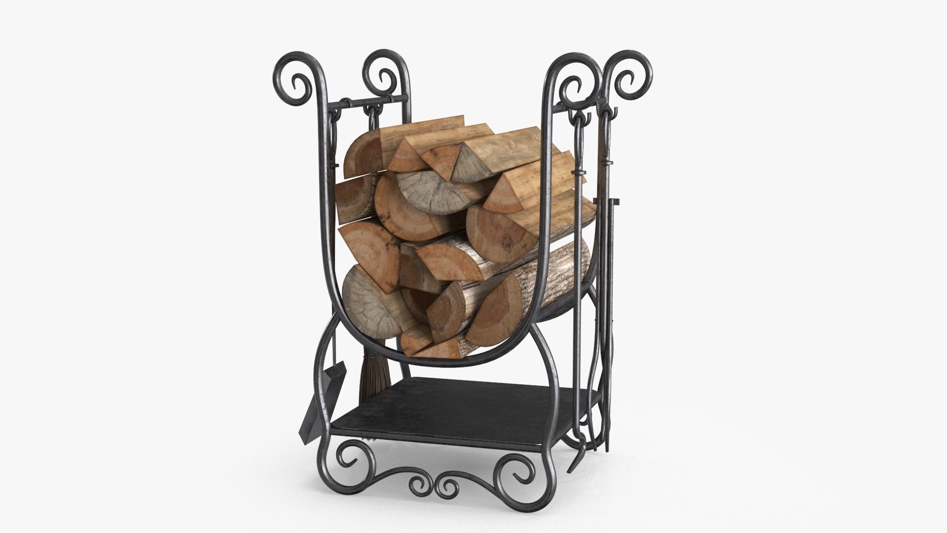 Fireplace Tools with Pile of Wood Low-poly 3D model_7