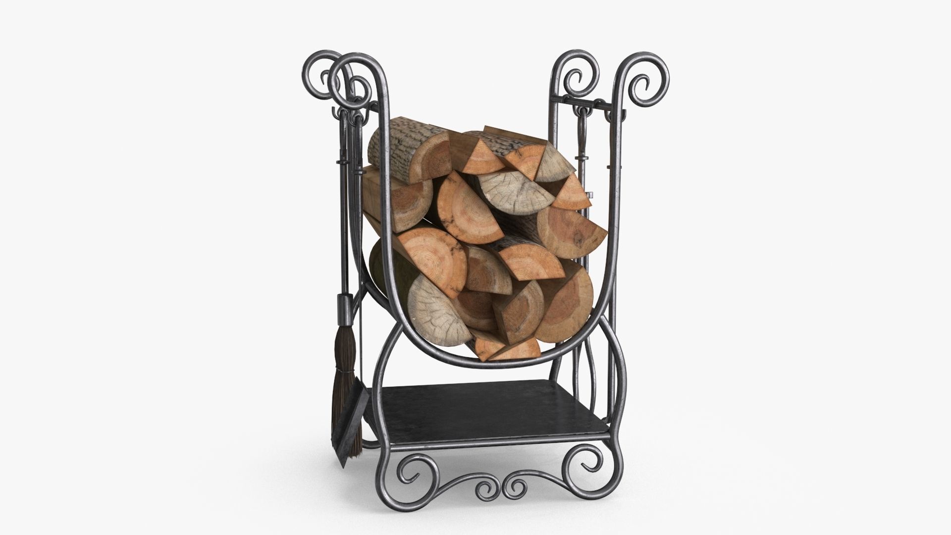 Fireplace Tools with Pile of Wood Low-poly 3D model_8