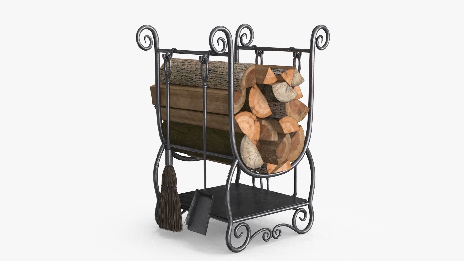 Fireplace Tools with Pile of Wood Low-poly 3D model_9