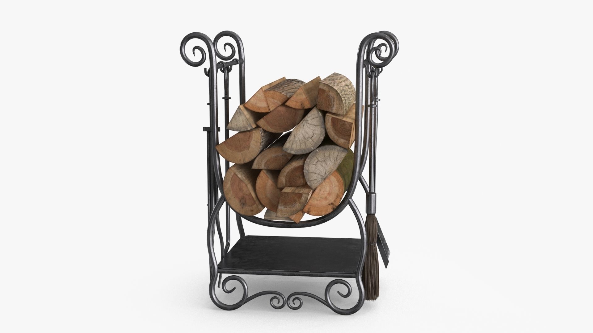 Fireplace Tools with Pile of Wood Low-poly 3D model_13