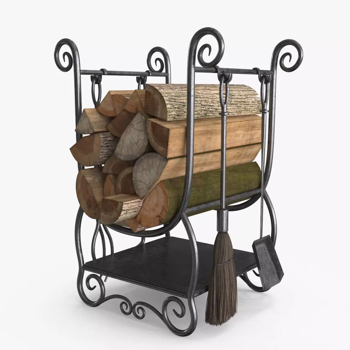 Fireplace Tools with Pile of Wood Low-poly 3D model_0