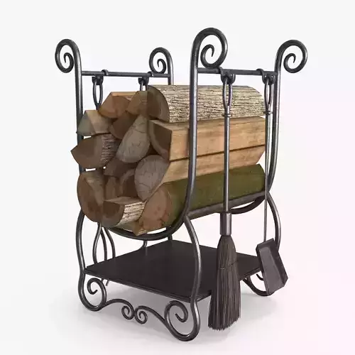 Fireplace Tools with Pile of Wood Low-poly 3D model