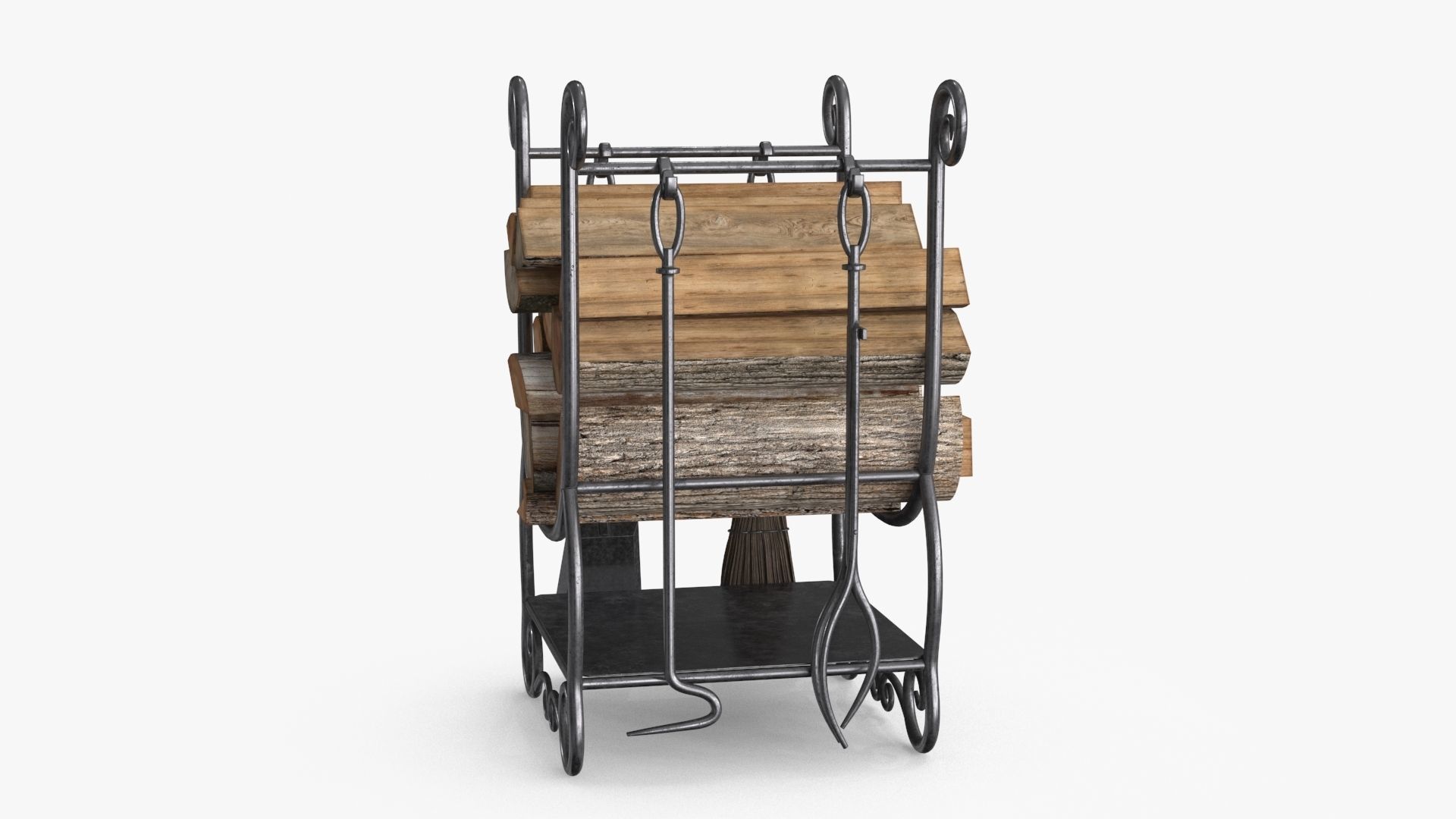 Fireplace Tools with Pile of Wood Low-poly 3D model_5