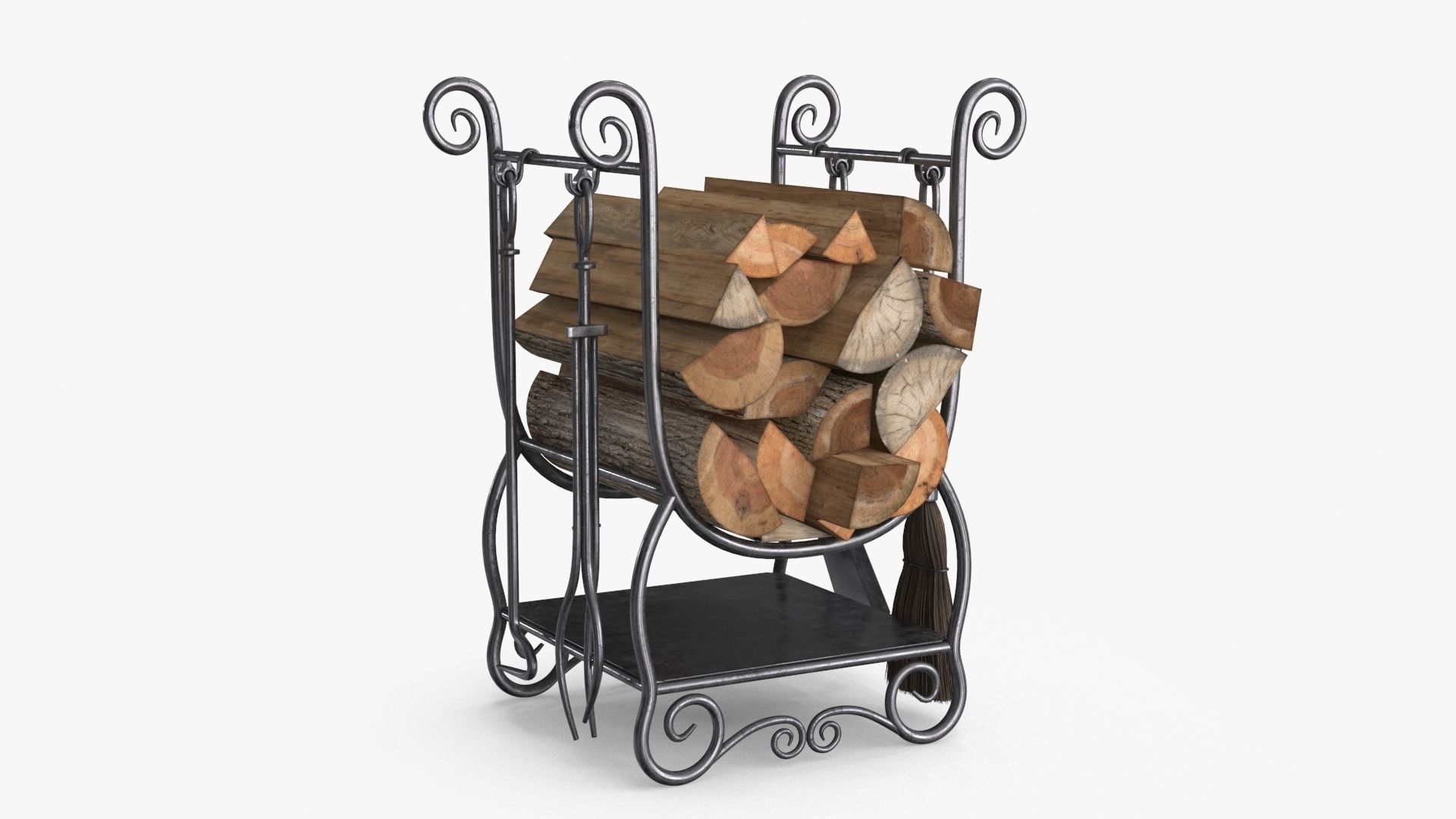 Fireplace Tools with Pile of Wood Low-poly 3D model_3