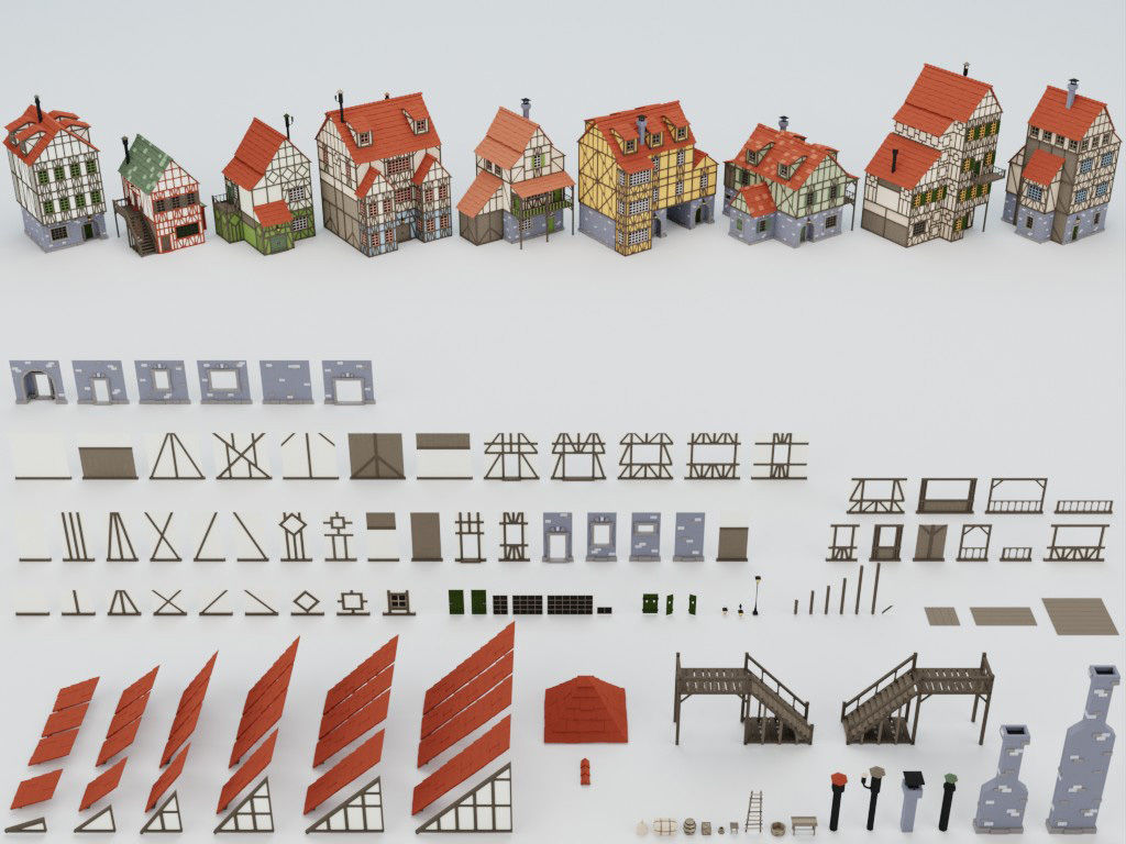 Lowpoly modular fachwerk houses Low-poly 3D model_1
