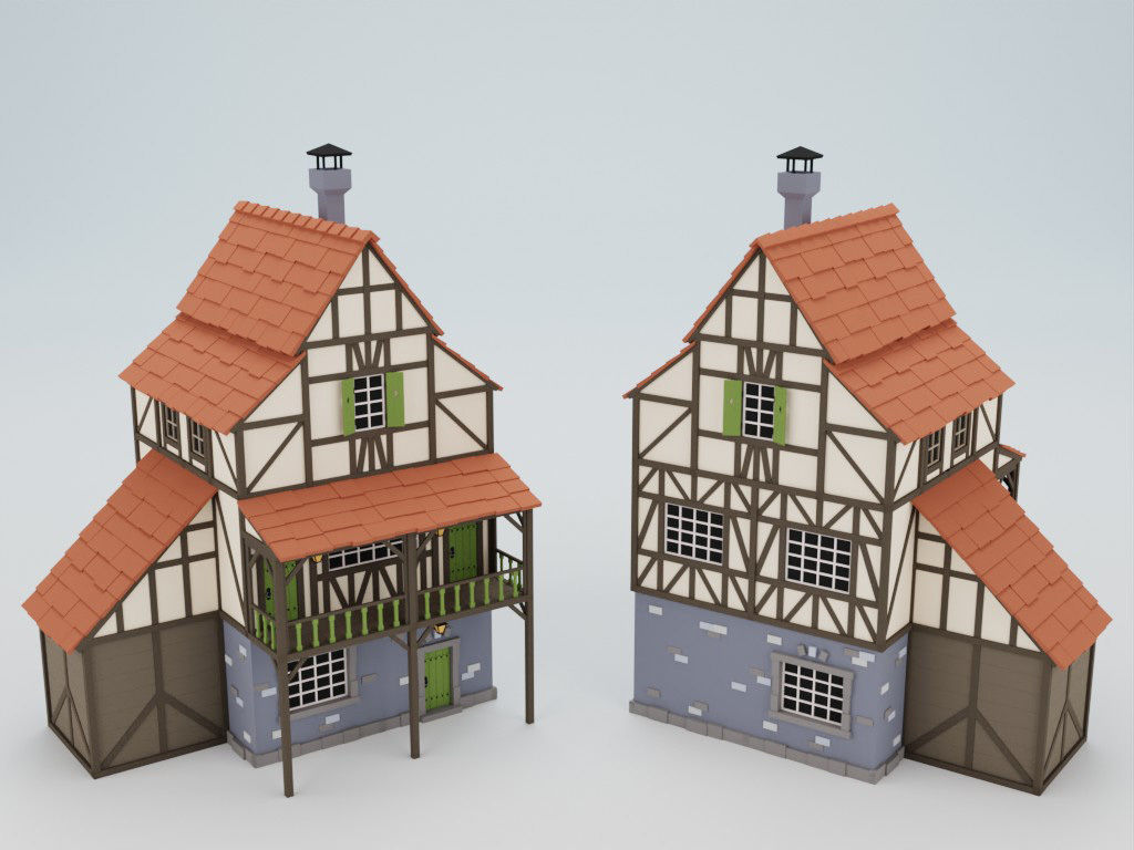 Lowpoly modular fachwerk houses Low-poly 3D model_6
