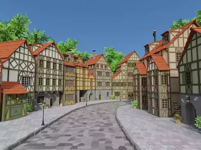 Lowpoly modular fachwerk houses Low-poly 3D model