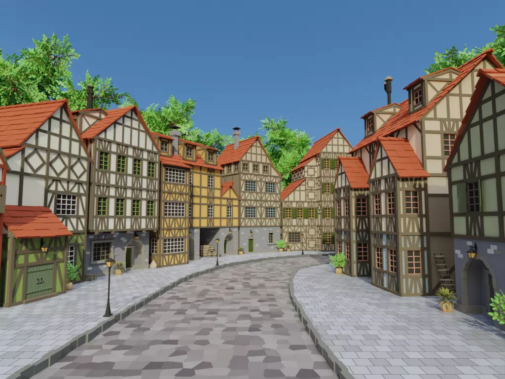 Lowpoly modular fachwerk houses Low-poly 3D model_0